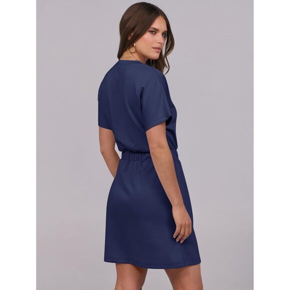 Anrabess Women Navy Blue Crew Neck Elastic Waist Mini T Shirt Dress With Pocket - Picture 5 of 6